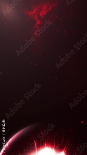 Crimson particles exploding from a turning and glowing eye pupil, sameless and endless 4k footage