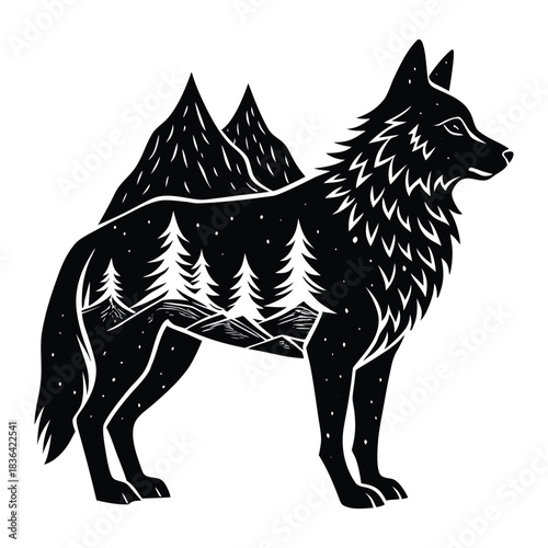 Double exposure style silhouette of a wolf