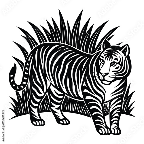 Golden tiger walking through tall grass