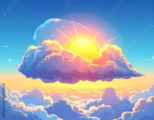 Sun shining through clouds in a vibrant blue and yellow sky