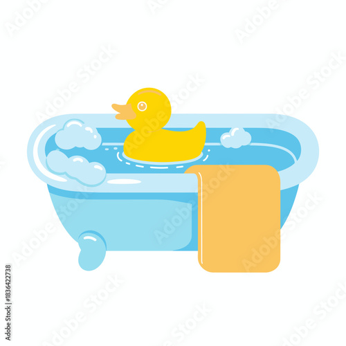 A bright yellow duckling floats happily in a sparkling blue bathtub, surrounded by bubbles, emphasizing the joy and innocence of bath time for children.