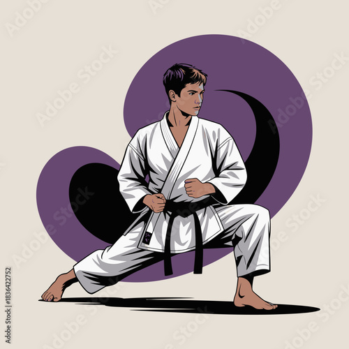 A young martial artist is demonstrating a strong karate stance, embodying focus and discipline, dressed in a traditional karate gi, showcasing his black belt and determination.