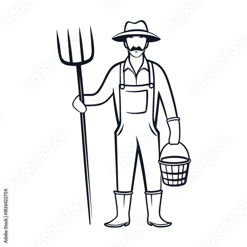 Line art shows mustached farmer with a pitchfork and basket is a classic symbol