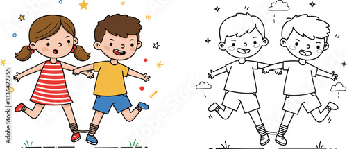 Boy and girl tied together, teamwork, friendship, struggle, fun, challenge, cooperation, relationship.