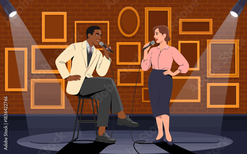 A comedic duo entertains the audience on stage with microphones in hand, highlighting collaboration and humor that brings joy and laughter in a relaxed comedy environment.