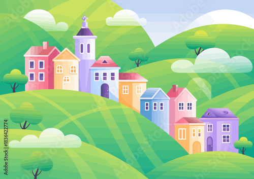 This whimsical illustration showcases a colorful hillside village with charming houses and vibrant landscapes, evoking feelings of tranquility and the beauty of rural life.