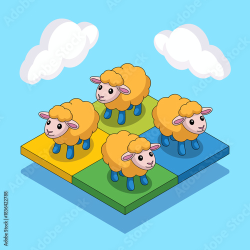 A whimsical illustration featuring four cute sheep standing on colorful blocks against a cheerful blue sky, conjuring a sense of playfulness and innocence.