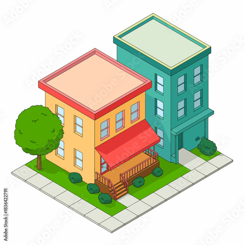 This image showcases two colorful houses, one with a red awning and a sleek design, contrasting beautifully with the green one, set in a vibrant neighborhood.