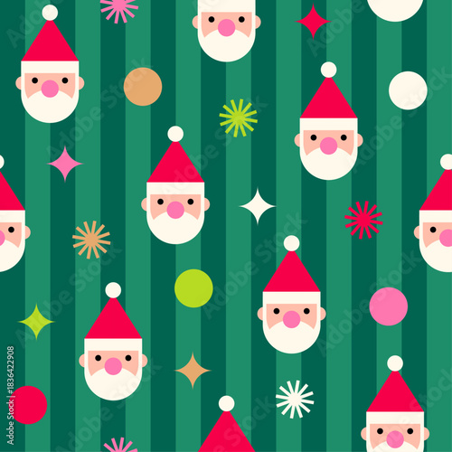 Geometric Santa Claus, dot and star with green striped seamless pattern design for Christmas and new year background.