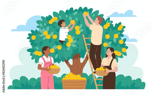 A group of individuals gathers lemons from a tree, promoting teamwork and the fruitful joy of harvesting, highlighting community engagement and the rewarding connections with nature.