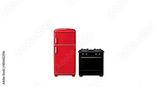 Retro Red Refrigerator and Black Oven Illustration