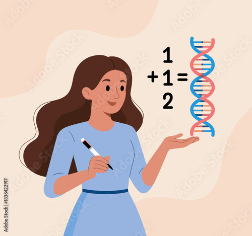 A confident female scientist is showing a fun calculation alongside a DNA strand, emphasizing the intersection of science and creativity in an educational and engaging way.