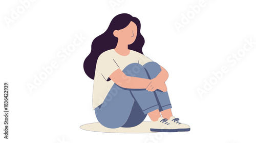Sad Young Woman in Casual Clothes Sitting Alone