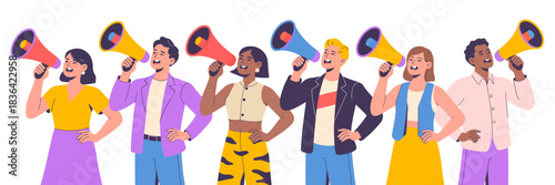 A diverse group of people joyfully using megaphones, showcasing enthusiasm and engagement in activism, support for causes, and community empowerment, illustrated in vibrant style.