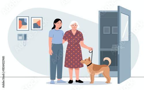 A daughter embraces her grandmother while standing next to a friendly dog, illustrating the affectionate bond between generations and the love shared within families.