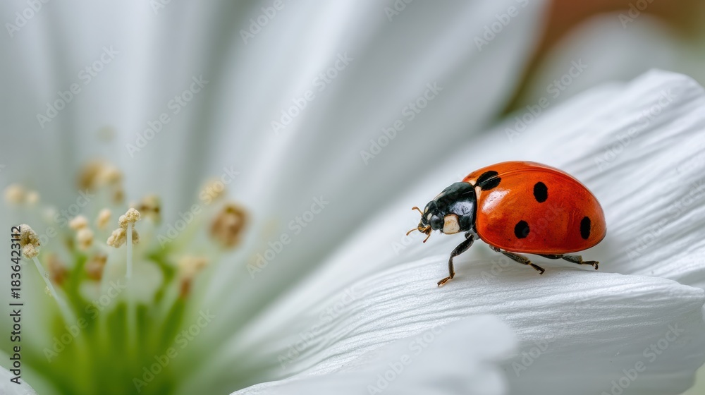 Naklejka premium Ladybug Resting on a White Flower Symbolizing Good Luck in European Belief During Springtime