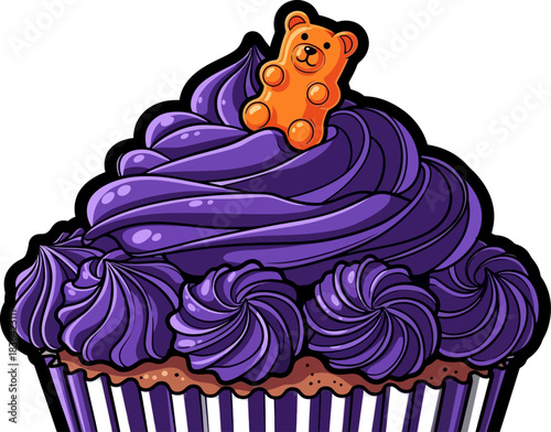 Delicious cupcake with vibrant purple frosting and a cute gummy bear on top.
