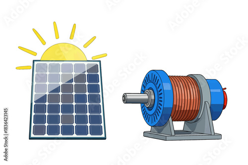 Solar Panel and Electric Motor Vector Illustration
