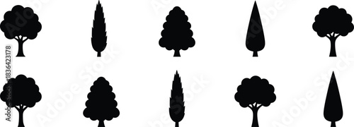 Stylized Black Silhouettes of Various Tree Shapes, Vector Icon Set Illustrating Diverse Deciduous and Coniferous Species for Landscape Design, Isolated on Pure White Background.