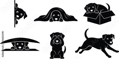 Adorable black puppy silhouette collection showing playful hiding actions like peeking, running, hiding under blanket and in a cardboard box, isolated vector set.