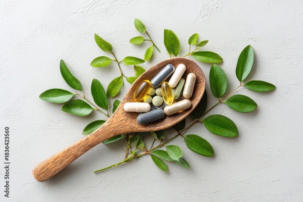 custom made wallpaper toronto digitalWooden spoon filled with assorted vitamins and supplements surrounded by fresh green leaves