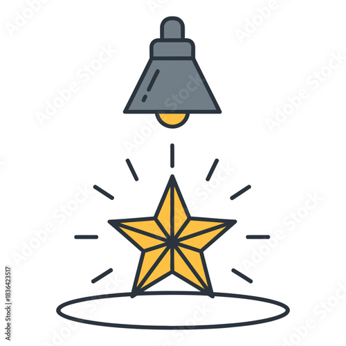 Linear icon depicting a spotlight lamp shining on a golden star representing talent discovery and success
