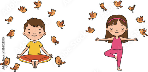 Cute boy and girl practicing yoga poses, joyful meditation with colorful flying birds, vector.