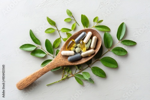 Wallpaper Mural Wooden spoon filled with assorted vitamins and supplements surrounded by fresh green leaves Torontodigital.ca