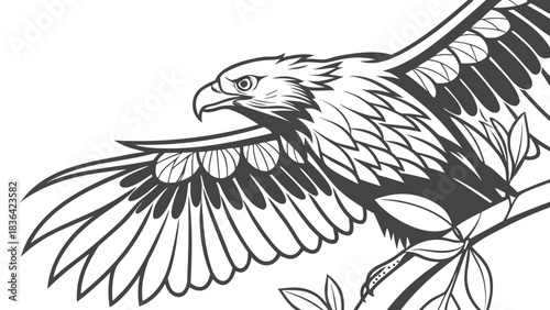 Majestic Eagle with Spread Wings Line Art Illustration. Powerful Bird of Prey Vector Graphic in Black and White, Symbolizing Freedom and Strength.
