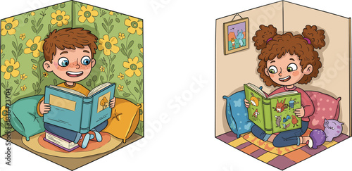 Cute Children Reading Books, Enjoying Fantastical Stories and Imaginative Cartoon Characters