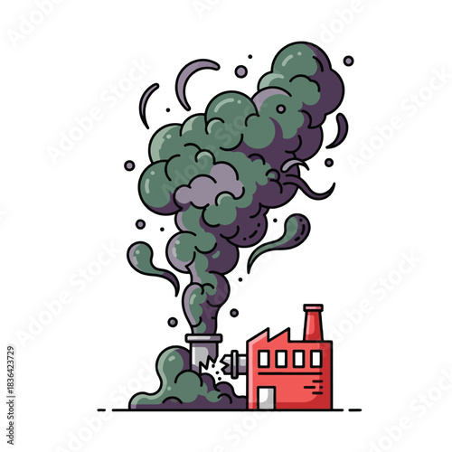 Illustration of a factory chimney emitting thick, dark smoke, symbolizing pollution and environmental damage.