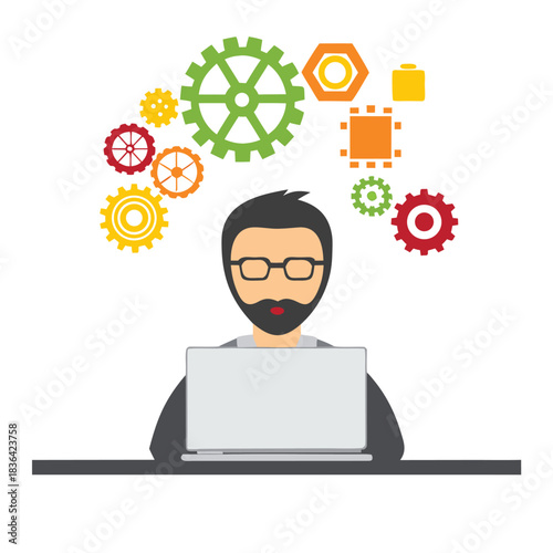 Man with laptop amidst colorful gears, blocks, and hexagon symbolizes creative problem solving