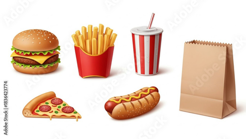 Realistic Fast Food Icon Set – Burger, Fries, Soda, Pizza, Hot Dog, Paper Bag on White Background