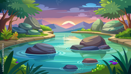 A peaceful zen-style water pond featuring polished stones and gentle ripples. Soft ambient lighting and a soothing natural environment ideal for relaxation, spa branding, and wellness concepts