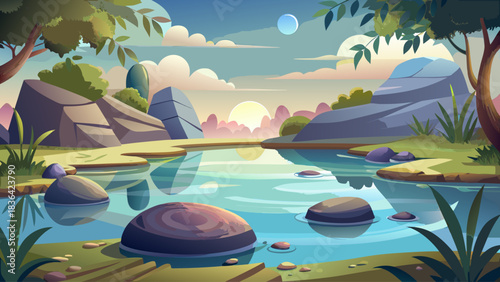 A calm zen-inspired pond surrounded by smooth stones and gentle reflections. Minimalist tranquil atmosphere with soft natural light, perfect for wellness, spa, and meditation-themed visuals