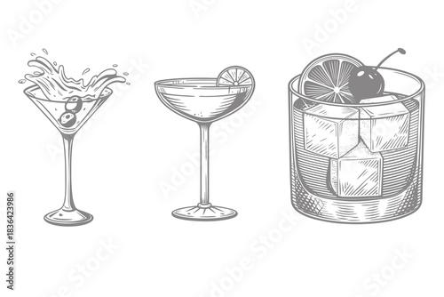 drink glass set with splash illustration Vintage style. The design perfect for drinks cards, bar and wedding menus, cards and website graphics. Eps 10