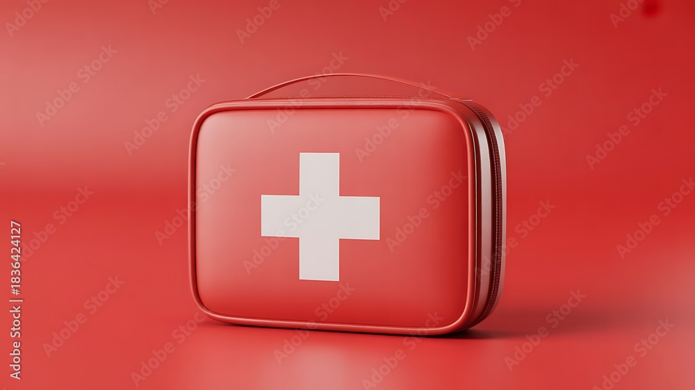 Obraz premium Red first aid kit with white cross on red background ready for travel and safety.