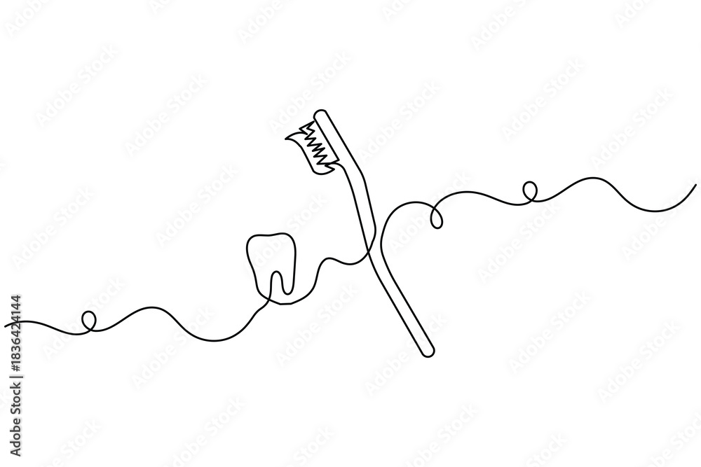 Obraz premium Toothbrush and paste a continuous one line drawing in a minimalist outline style