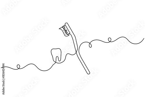 Toothbrush and paste a continuous one line drawing in a minimalist outline style