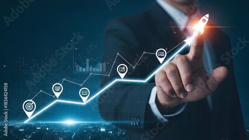 Businessman touching growth chart with location pins and city