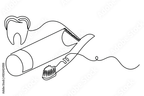 Toothbrush and paste a continuous one line drawing in a minimalist outline style