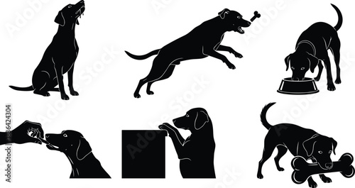 Black dog silhouette collection showing training, jumping for bone, eating from bowl, and receiving treat from hand, isolated vector illustration set.