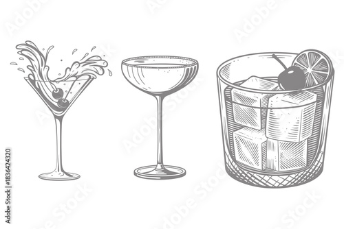 Cocktails alcoholic daiquiri, old fashioned, manhattan, martini, sidecar. hand drawn engraving drink glass set with splash vector illustration. Eps 10