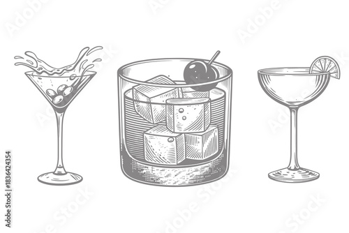 Cocktails alcoholic daiquiri, old fashioned, manhattan, martini, sidecar. hand drawn engraving drink glass set with splash vector illustration. Eps 10