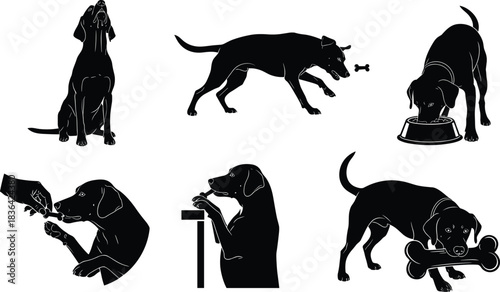 Black dog silhouette collection showing training, obedience, eating from bowl, catching food, and playing with large bone toy, isolated vector illustration graphic.