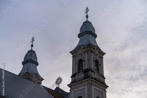 Bell towers on the local  catholic bazilica in Csiksomlyo in hungarian, Sumuleu Ciuc in romanian in Romania.