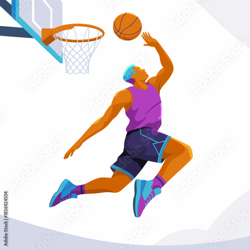 A vibrant illustration of an athlete executing a dynamic basketball dunk midair, showcasing agility, strength, and energy in a playful style that captures the excitement of sports.