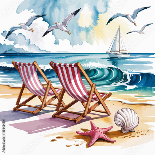 A relaxing beach scene features two deck chairs facing the ocean waves, with seagulls flying overhead, perfectly capturing the essence of summer leisure and seaside tranquility.