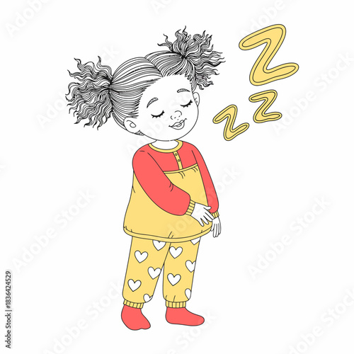 A charming illustration of a young girl peacefully asleep, adorned in cozy attire, capturing the essence of childhood innocence and serene dreaming moments.