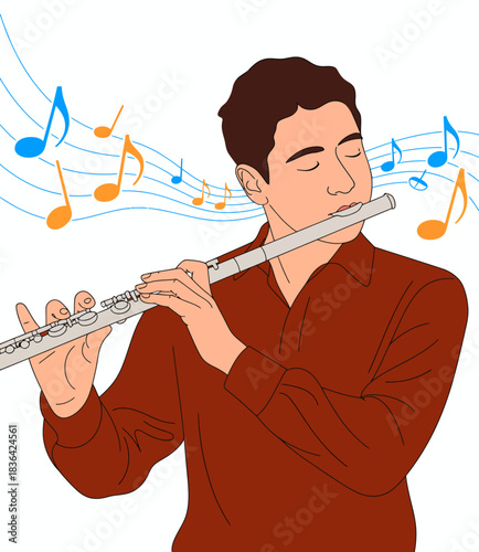 A young man passionately plays the flute, surrounded by colorful musical notes, capturing the joy and artistry of music. This image reflects a celebration of creativity and talent.